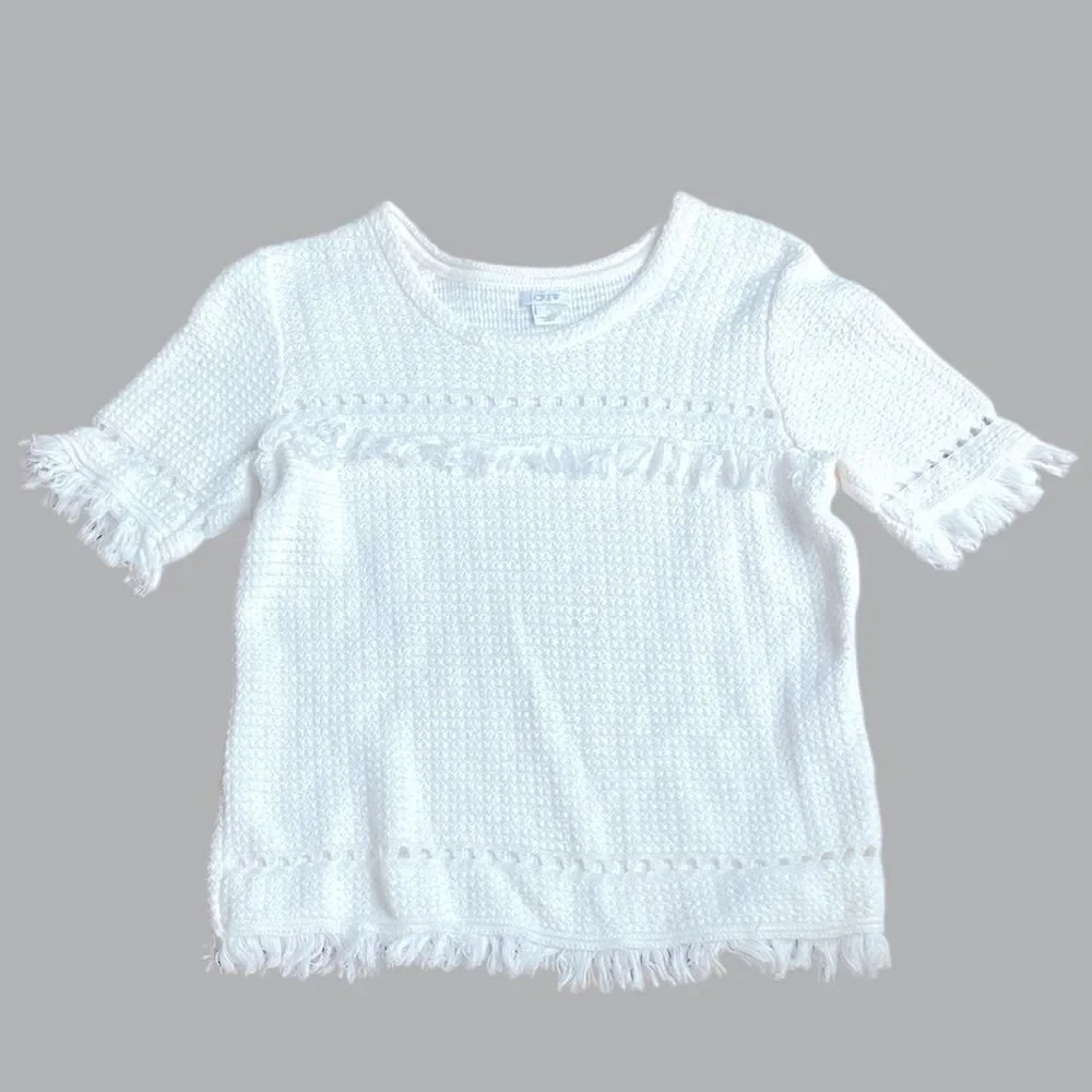 J Crew fringe short sleeve sweater white 100% cotton size small top NWOT